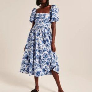 Ruched Puff Sleeve Poplin Midi Dress
